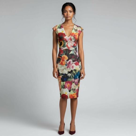 Ted Baker Odeela Floral Swirl-Print Sheath Dress Size 0 Bodycon Sleeveless - Picture 1 of 11